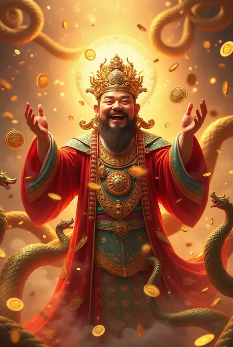  around {x} Create a picture of God of Fortune，2025， God of Fortune Celebrating ， with splendor ， Gold coins Surrounding ，Surrounded by many golden snakes，Frame 9 :16，Ultra HD
