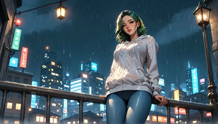 "A reflective woman standing on a balcony during a rainy evening, with soft raindrops falling and a gray urban skyline in the distance. She is wearing jeans and a hoodie, her ombre green hair dampened slightly by the mist. The city below glows with blurred...