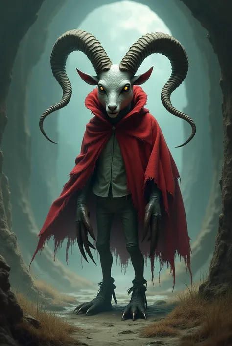  The Christmas terror field is curved , Your red cape is shaved , huge horns,  long fingers with sharp claws ,  one of its legs is a goat and the other a rooster,  has a boy's face and goat's eyes .