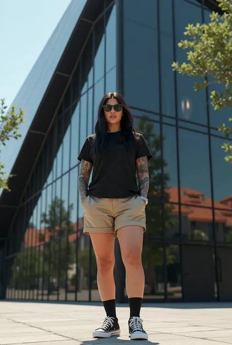 A curvy white Brazilian woman with long black hair covered in tattoos on her arms is standing casually in front of a modern glass building with dark black reflective windows. The building has a unique angular design with a black metal grid-like structure. ...