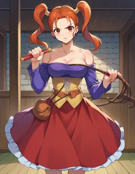  score_9,  score_8_ up,  score_7_ up,  source_Anime,
 Jessica Albert,  Jessica Albert,  orange hair,  red eyes,  Twin Tails,
 shoulder out, Chest,  dress ,  earrings,   jewelry,   off shoulder , off-shoulder  dress , purple  shirt,  shirt,   Strapless ,   ...