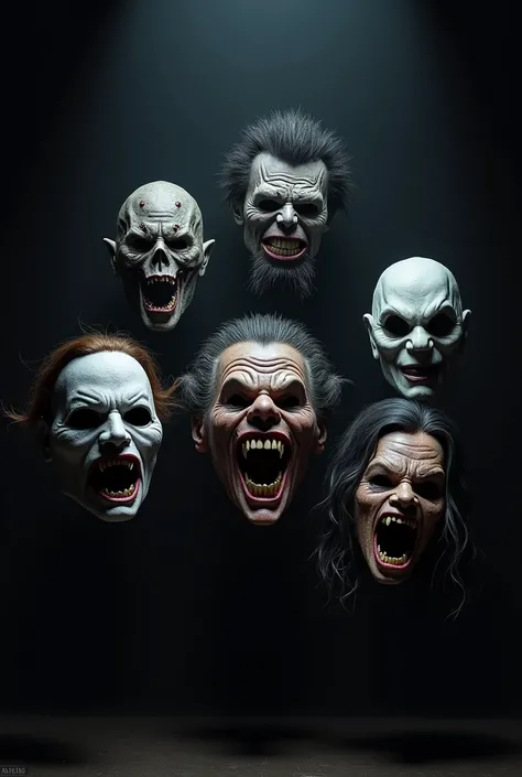 a terrifying serial killer mask from a horror movie, a gruesome zombie mask from a horror movie, a savage werewolf mask from a horror movie, a menacing vampire mask from a horror movie, all on a dark theater stage, (best quality,4k,8k,highres,masterpiece:1...