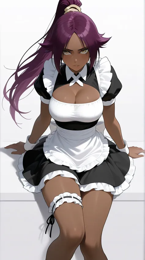  high quolity, solo, yoruichi shihouin, long hair, yellow eyes, ponytail, purple hair, dark skin, dark-skinned female, large breasts, beautiful breasts, beauty leg, whole (body), cute, cleavage, maid, upturned eyes, looking at viewer, 