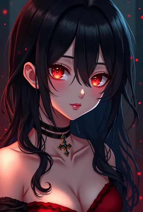 Anime girl vampire with black hair, hair bang, and red eyes