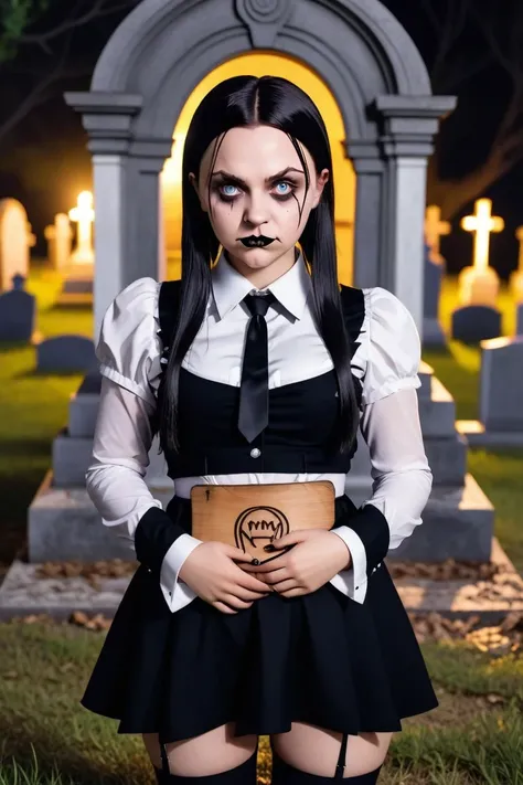 Wednesday Addams cosplay showing the vagina and anus with an angry face in a cemetery at night