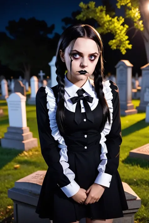 Wednesday Addams cosplay showing the vagina and anus with an angry face in a cemetery at night