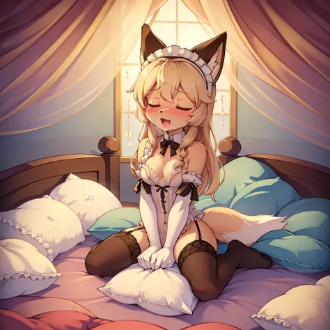 （ masterpiece， best quality），mine, The Beast, , ( ））, 穿着内衣可爱女孩在Pillow上摆姿势,，maid suit，nature,, ( blush),A smile，Pillow,（Lots of Pillow），Soft cushion，（mosquito net bed ），（Pillow），Lots of Pillow，，，（A tail），（Around the protagonist），steam，（Pillow），（LuxuryPillow...