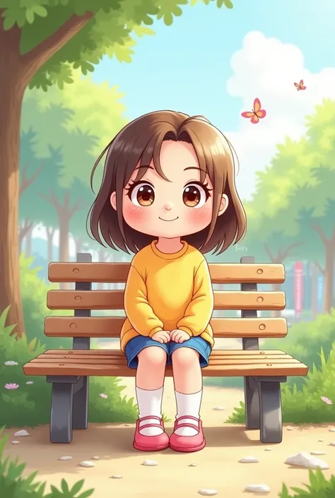 Girl in cartoon sitting on a bench 