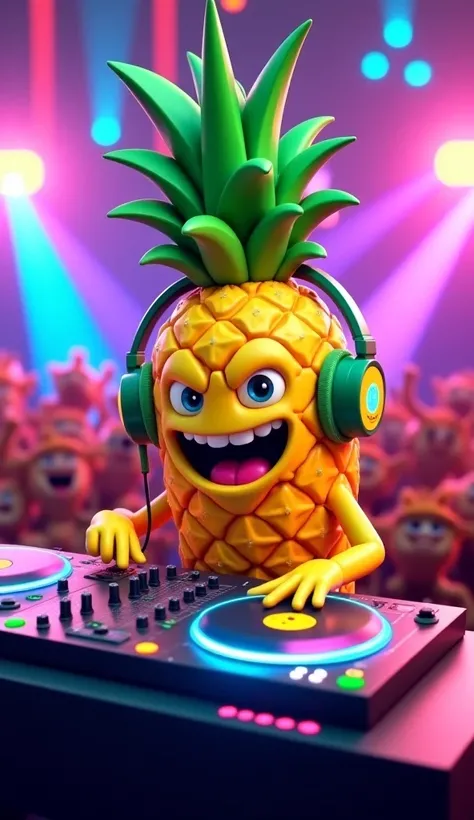 Design an energetic 3D pineapple character with a spiky green crown and a big, charismatic grin. The pineapple is behind a futuristic DJ booth, spinning colorful vinyl records with tiny hands, while its headphones glow with neon lights. The vibrant nightcl...