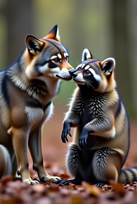 Male furry wolf kissing a male furry raccoon