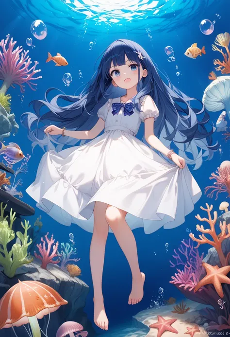 (( dark blue hair long hair 1 girl:1.4))，Full body solo shooting、((seabed:1.4))、Floats in water、Lots of small fish、(( white dress 、 barefoot))、Floating、A lot of bubbles、jellyfish、Jellyfish、Coral Reef、Starfish、Various fish 、Blue Fish、School of sardines、Sink...