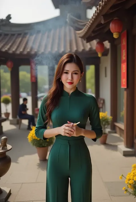 A young Vietnamese woman stands in front of a traditional Vietnamese temple,holding incense sticks. She is dressed in a traditional Vietnamese ao dai in a deep green color,with a high collar,long sleeves,side slits,and wide silk trousers of the same color....