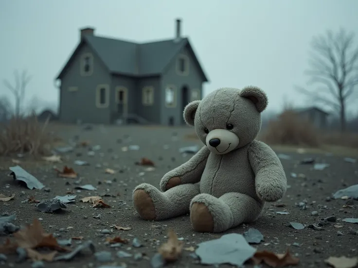 dirty damaged torn grey teddy bear , Laying on the ground in a wasteland near an abandoned house , photo realiste ,photo haute qualité, ,apocalypse , sad, Cloudy gray sky ,fear , Panic  