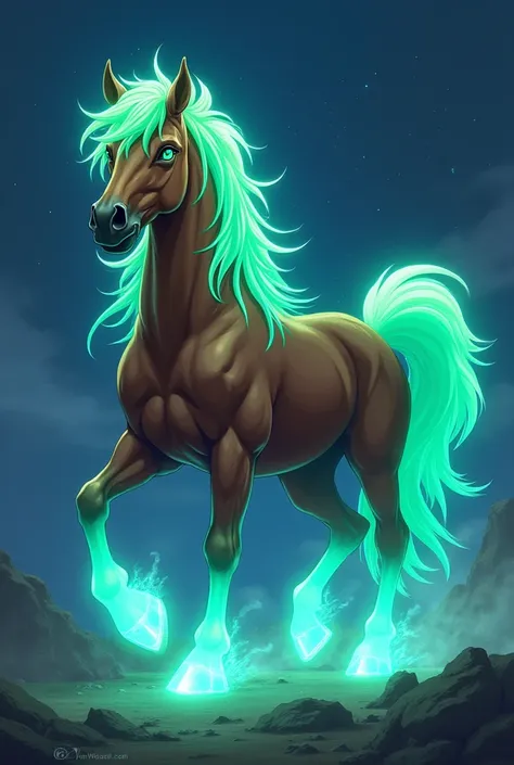 Make a brown mustangs horse, with a glowing neon green mane, but the tail is glowing blue. Anime style 