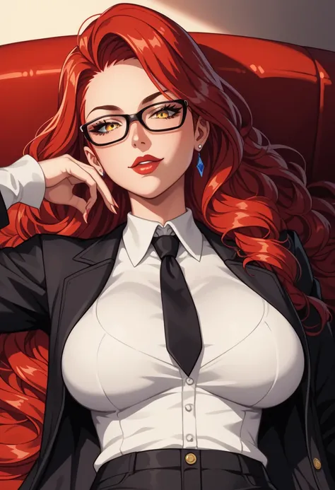  score_9, score_8_arriba, score_7_arriba,  score_6_arriba,    source   _animated, 1mature_FE, Only 1 woman ,   Lying on a red couch  ,   flirty look,   red hair face,  Very long hair ,  fine ironed hair  ,   yellow eyes ,  black glasses ,    with sleeves  ...