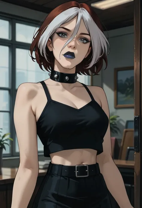 score_9, score_8_up, score_7_up, 1girl, solo, mature woman, beautiful waifu, (rogueclothesEvolution, multicolored hair, lipstick, white hair, brown hair, makeup, two-tone hair, short hair, grey eyes, spiked collar, black lips, hair between eyes:1.3), weari...