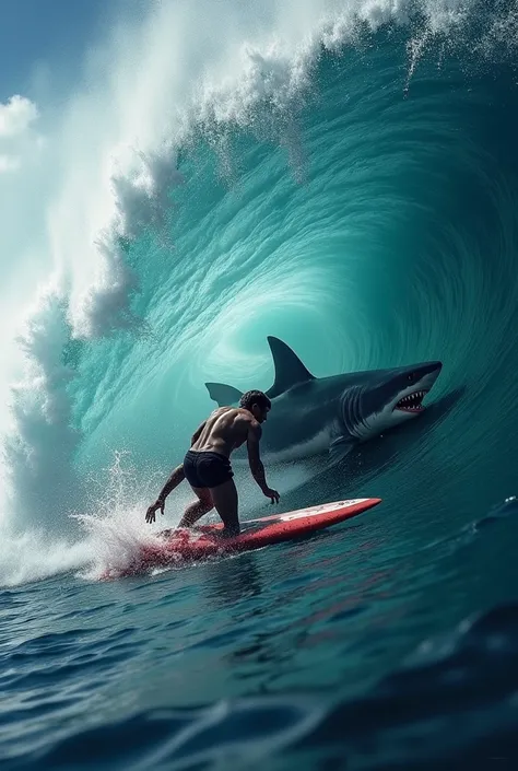 Shark attacking surfer in a giant wave 