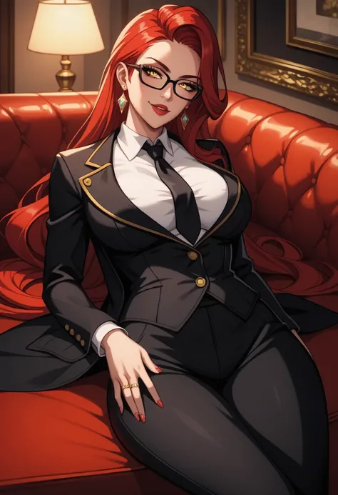  score_9, score_8_arriba, score_7_arriba,  score_6_arriba,    source   _animated, 1mature_FE, Only 1 woman ,   Lying on a red couch  ,   flirty look,   red hair face,  Very long hair ,  fine ironed hair  ,   yellow eyes ,  black glasses ,    with sleeves  ...