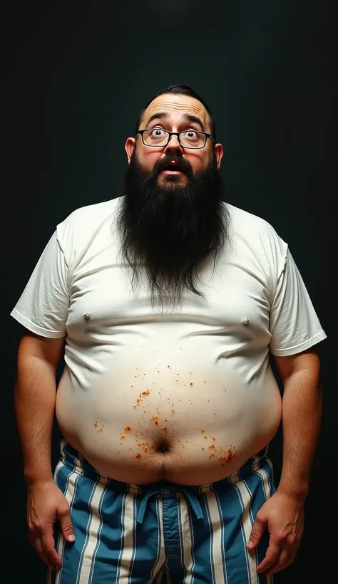 an artistic painting, an illustration, a man, 35 years old, face very close, very fat, straight black hair, big beard, glasses, white t-shirt showing his belly, blue and white striped shorts, dirty with food, scared, wide eyes, crying, abstract black backg...