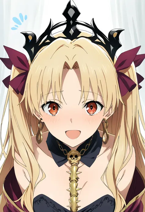 Ereshkigal ,blonde hair, red eyes, parted bangs, two side up, earrings, tiara, hair ribbon,smile,,smile,, best quality ( best quality )、(Nonsense)、( very detailed)、( very beautiful way to hold ) information best quality 、 Ultra-fine、Most HD、 very detailed、...