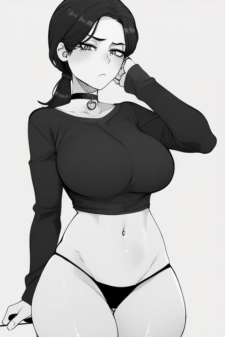  score_9,  score_8_arriba,  score_7_arriba,  black hair,   low ponytail , collect cut, ojos rosados, pale skin, choker,  black shirt,  long sleeves, neckline,  Black panties,  Big breasts, monochrome,  grayscale,  Simple background , describe,  looking at ...