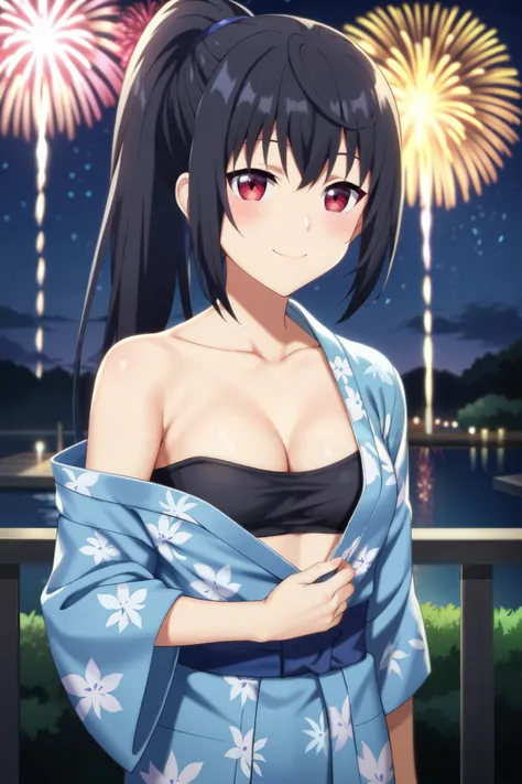  Shizuku Yaegashi, Alone, (cowboy shot),  small breasts, cleavage, (yukata), ( sexy pose), ( I'm shy), (blush), (bright smile:1.2), Fireworks, (night:1.2),  score_9,  score_8_superior,  score_7_superior,  source_anime, (best quality:1.2), masterpiece,  hig...