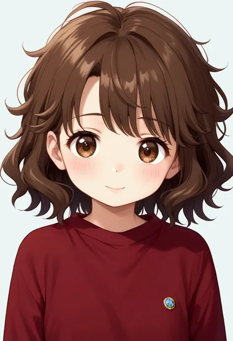 Masterpiece, high quality photography, 9yo cute japanese girl with short messy shaggy brown disheveled hair and brown eyes. Upper body. Wide simple background.