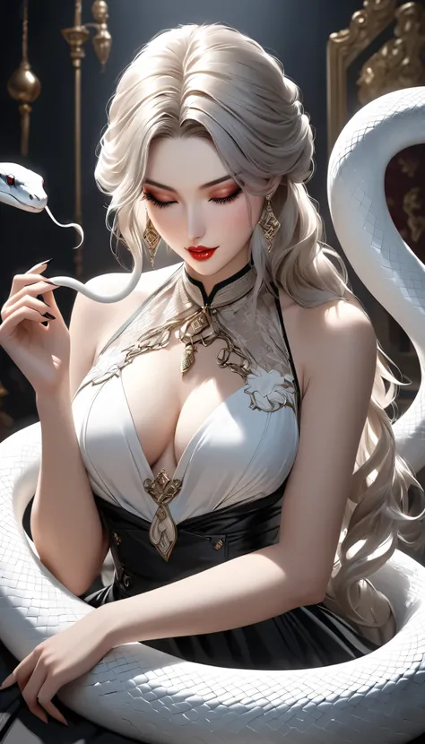 A beautiful woman is playing with a realistic white snake