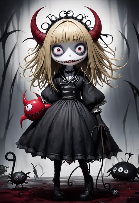  high res pics, masterpiece,  top quality,  Amazing Quality , ((( Tim Burton style ,  accurate,  dark,  has a soft texture , Matte and toy-like ))),  Chainsaw Man , Alone,  1 girl, power, Blood Demon,  with red eyes,  blond,  long straight hair, Red Corner...