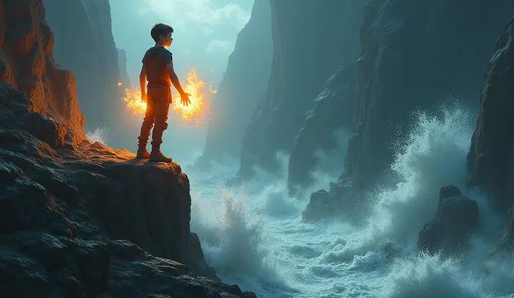 "A fantasy world shrouded in darkness, chaotic elements of water, earth, and air clashing violently. A young boy, Kael, with glowing orange flames in his hands, stands determined on a rocky cliff, symbolizing hope. The scene is illuminated by the warm ligh...