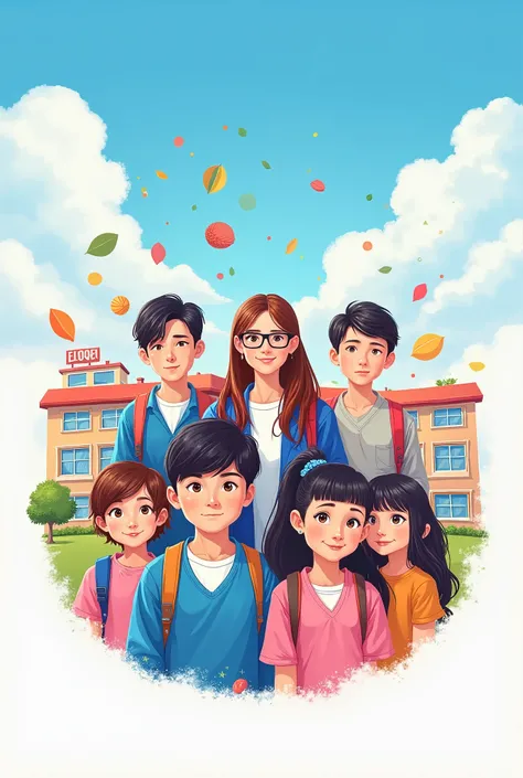 THE TITLE "ZƏNGİN SƏSİ". THE SHAPE OF
THE LOGO SHOULD BE A MİXTURE BLUE,PİNK, ORANGE AND WHITE HAVE CINEMATIC POSTER.
THREE BOYS, TWO GIRLS, TEACHER. BACKGROUND İS PRİNCİPAL ,SCHOOL İTEMS. BACKGROUND IS WHITE CLOUD AND
BLUE SKY. BACKGROUND IS SCHOOL.