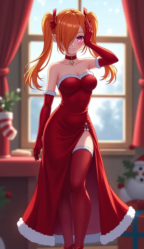 Double hair with orange pigtails,   covering right eye  ,  neon pink eyes , mujer adulta, girl,  

 Beautiful Santa Claus girl anime ,  full body

Red Santa Claus long dress, opening in one leg , white edges, strapless, red stockings, boots with red heels ...