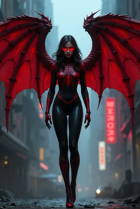 Spiderwoman Silk rouge et noir avec des ailes de dragon 