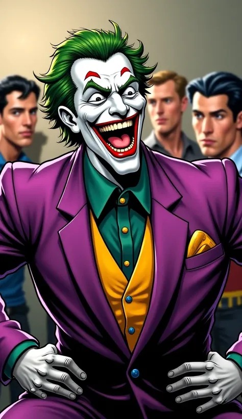 The Joker Laughing Hysterically

"A vibrant and energetic image of The Joker laughing uncontrollably. He throws his head back, eyes wide with amusement, and his mouth open in a wild grin. His hands are on his hips, and his green hair appears slightly messy...