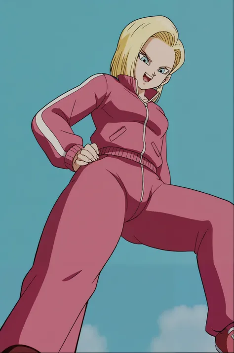 source_anime, score_9, score_8_up, score_7_up, anime screencap, source_anime, score_9, score_8_up, score_7_up, anime screencap, detailed face, retro artstyle, 1990s \(style\), android 18, classic look, 1girl, solo, from deep below, looking down at viewer,s...