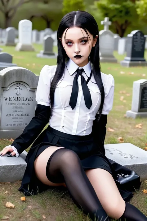 Wednesday Addams cosplay sitting in a cemetery with her legs open showing her vagina and anus with a seductive face 