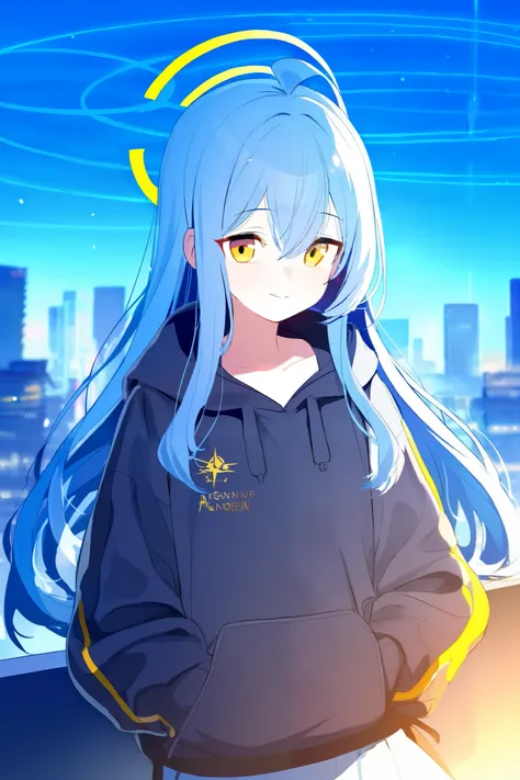 anime(blue archive), halo(blue archive),  deepblue hair , long hair,  hoodie, gold color eyes, engineer, hair ,  city background, Halo ( blue archive ), bright background