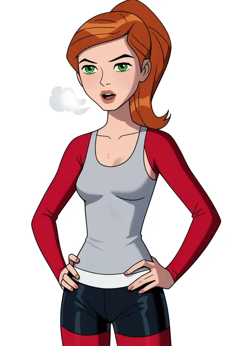 masterpiece,best quality,gwen_af,1girl,solo, red hair, ponytail, green eyes, lipstick, grey tanktop and black biker shorts, medium breast,white background,simple background,half body,, hands on hips, out of breath, sweaty, open mouth 