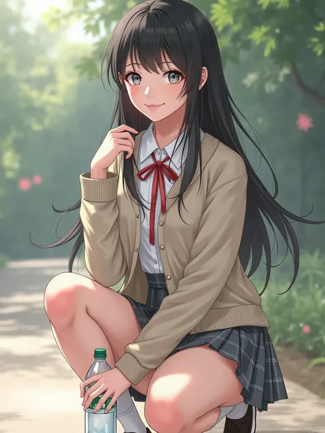 1girl, squatting, knees together feet apart, plastic bottle between legs,
outdoors, wind, floating, blush,
smile,head tilt, from below, sky

BREAK girl, 18 yo, large breasts,
black hair,long hair, straight hair, sidelocks,
(gray eyes:1.2),tareme, eye highl...