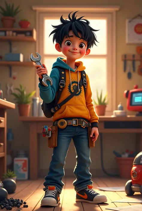 "A young boy, around 10-, with a curious and intelligent expression. He has short, slightly messy black hair and bright, excited eyes. Ayan is wearing a casual outfit with a modern twist: a colorful hoodie with a gear or circuit pattern, comfortable jeans,...