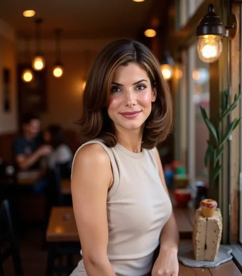 beautiful detailed photograph, shoulder-length hair styled in a bob with a slight side part,  wearing naked, standing in a cafe, looking at the viewer, smile