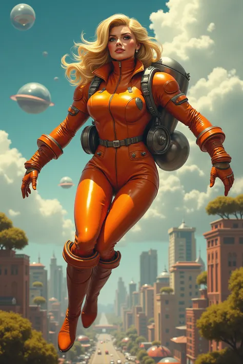 Kairos Prompt
"Kairos as a lively and daring figure in a retro-futuristic 1960s world. She is stocky and strong. Her golden hair is styled in a slightly tousled, voluminous cut, and she wears a bronze and orange rocket suit with a jetpack that allows her t...