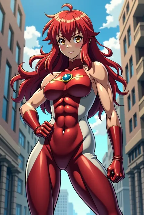 My Hero Academia Style , Anime girl, female, young female,muscular female,Full Body Shot,(fighting Pose:1.3),Long hair, Red Hair,  Brown Eyes,Hero Suit, Full Body Suit, red suit with white details,small round blue jewel in the center of the chest, perfect ...