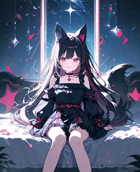 Ultra-detailed and ultra-fine line drawing style anime coloring illustrations, masterpiece, very aesthetic hyper cute, 
Cute anime wolf boy with (long hair) and black hair and wolf ears and wolf tail, choker, black frilly blouse, black frilly skirt, sittin...