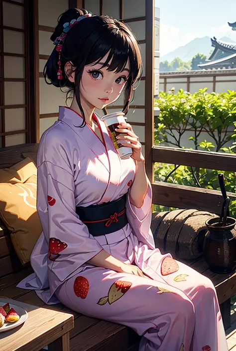 Japanese girl in yukata.Morning coffee, ham tost, strawberry cookies