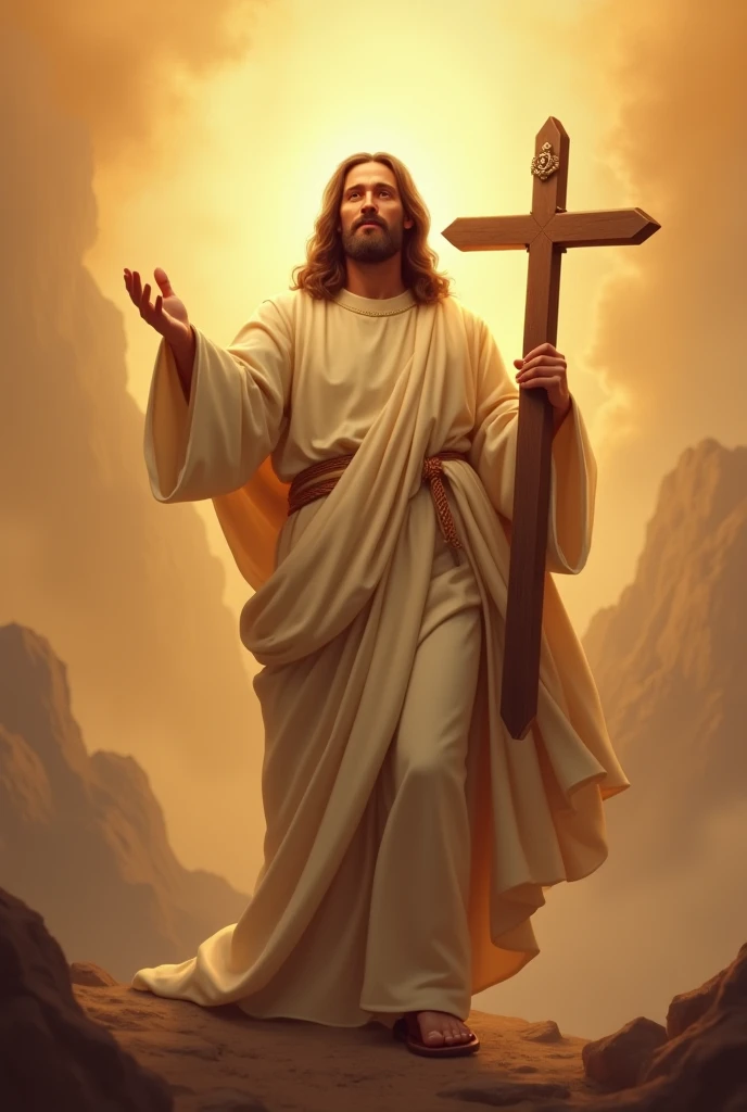 Jesus Christ saying that your day will be good and with great faith we follow, With a cross in his hand 