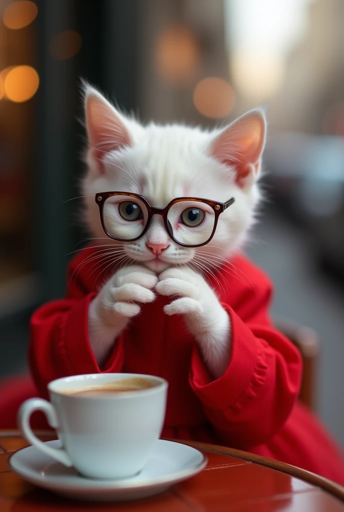 Very delicate adult kitten in white,In a super elegant red dress and dark glasses,having coffee in Paris  ,Then she takes off her glasses and drinks her coffee,Then she gets up from the table and leaves the seat