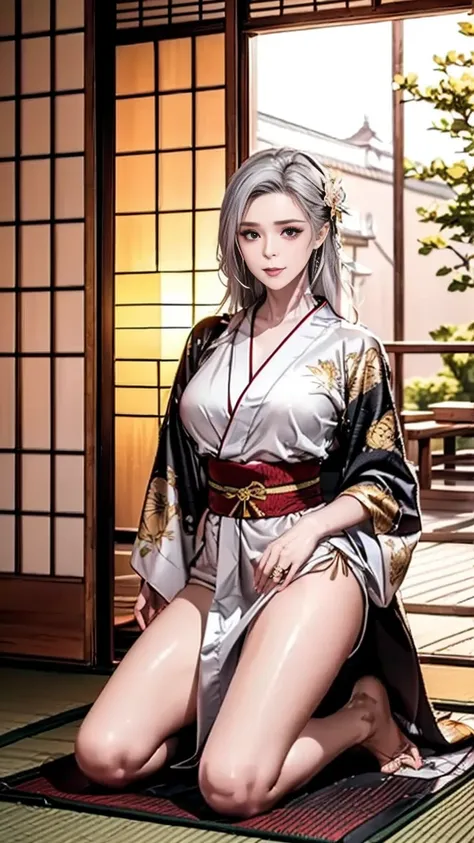 (1girl kneeling:1.3),
(silk kimono base:1.2),
(gold thread embroidery:1.15),
(dragon scale pattern:1.05),
(tatami mat texture:1.1),
(lantern diffused light:1.2),
(left 45° shadow:1.05),
(paper door backlight:1.1),
(sweeping silver hair:1.1),
(necklace chai...