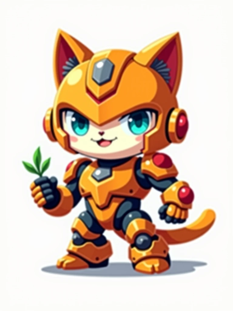  Futuristic chibi cat mecha design in fixed and authoritative front pose.  The armor is orange with gray details ,  red and green , exposes strength and resilience .  Exaggerated and concise overtones emphasize his powerful presence . little plant ornament...