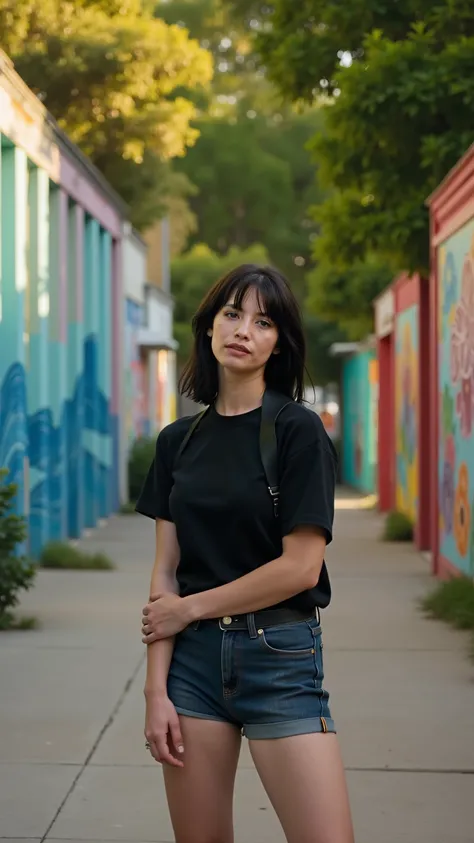 A woman, approximately in her late twenties, stands confidently on a sidewalk. She has short dark hair with bangs, she poses in a relaxed manner. Her outfit consists of an oversized black t-shirt with dark denim shorts that reveal her legs.
The setting fea...